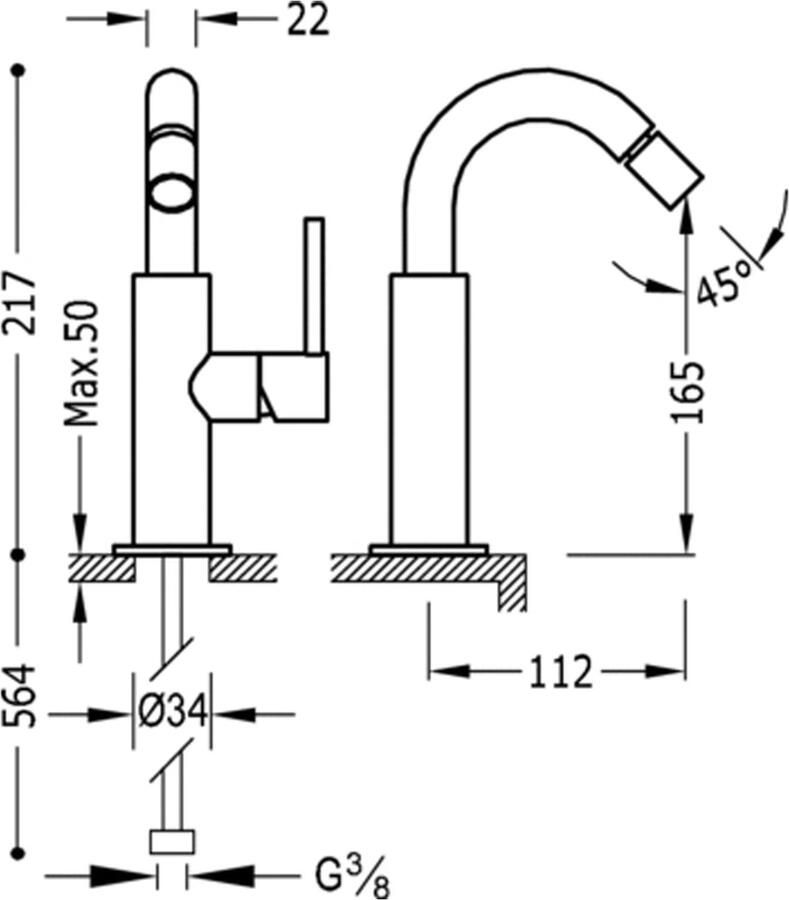 Tres Bidetmengkraan Study Colors 1-Hendel Uitloop Gebogen 16.5 cm Rond Mat Wit