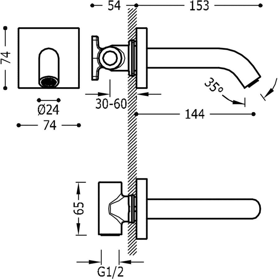 Tres Block inbouw uitloop 14 cm messing chroom