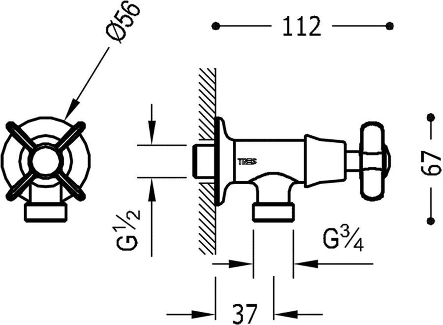 Tres Clasic design hoekstopkraan 1 2" bu x 3 4" bu chroom