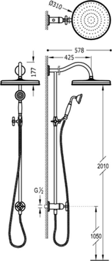 Tres Clasic glijstang set met regendouche 108 cm vintage rvs look - Foto 2