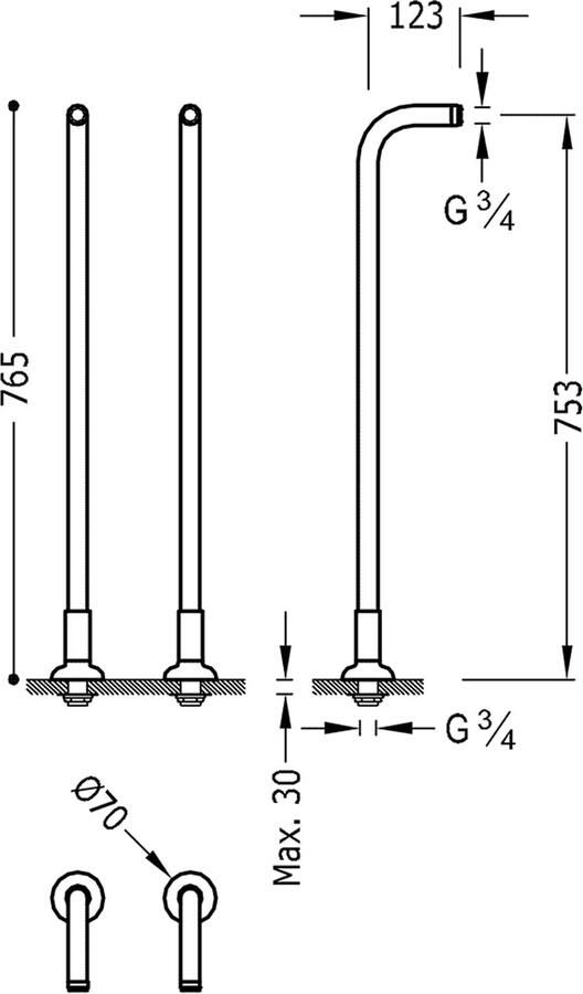 Tres Clasic vrijstaande badkraan koppelingen set 75 cm vintage chroom