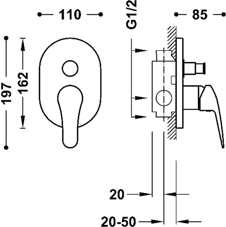 Tres Douchekraan Base Plus | Inbouw | Mengkraan | Excl.Inbouwdeel | 2-weg | Ovaal | Chroom