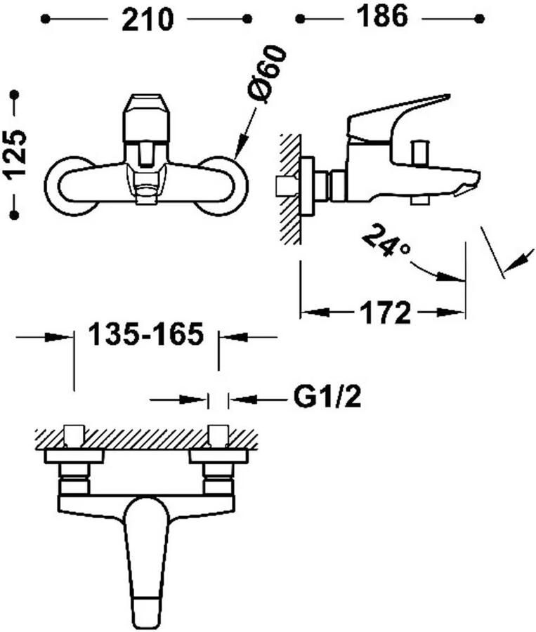 Tres Douchekraan Canigó | Opbouw | Mengkraan | 1-hendel | hoh 15 cm | Incl.Handdoucheset | Chroom