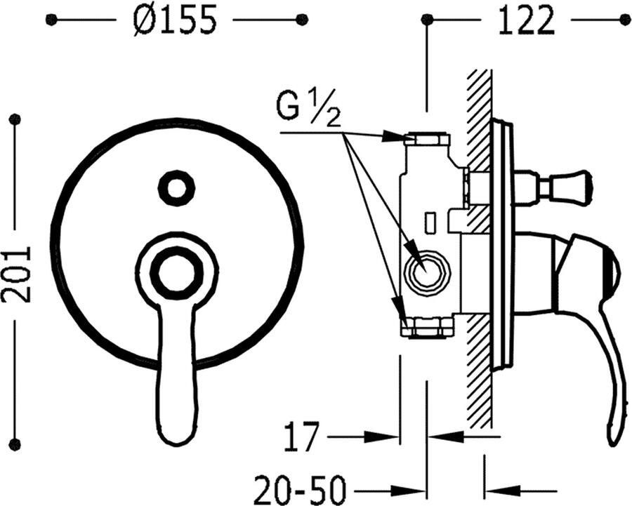 Tres Douchekraan Clasic | Inbouw | Mengkraan | Excl.Inbouwdeel | 2-weg | Vintage | Messing mat