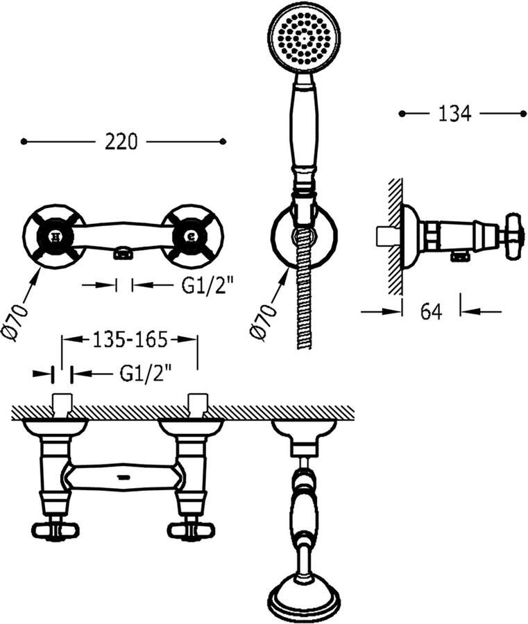 Tres Douchekraan Clasic | Opbouw | Mengkraan | 1-weg | hoh 15 cm | 2-knops | Vintage | 24k Goud glans - Foto 2