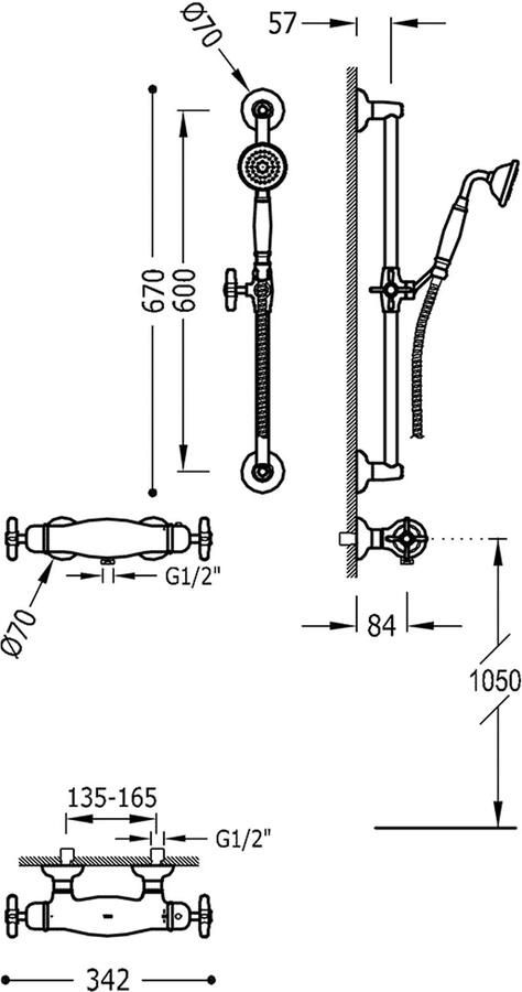 Tres Douchekraan Clasic | Opbouw | Thermostaatkraan | 1-weg | hoh 15 cm | 2-knops | Messing mat