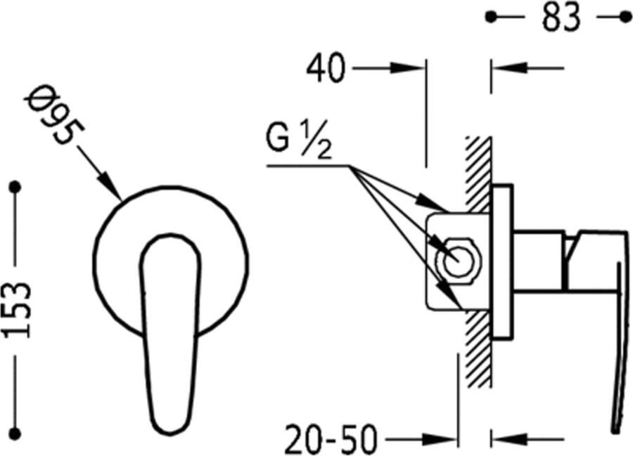 Tres Douchekraan Flat | Inbouw | Mengkraan | Excl.Inbouwdeel | 1-weg | Rond | Chroom