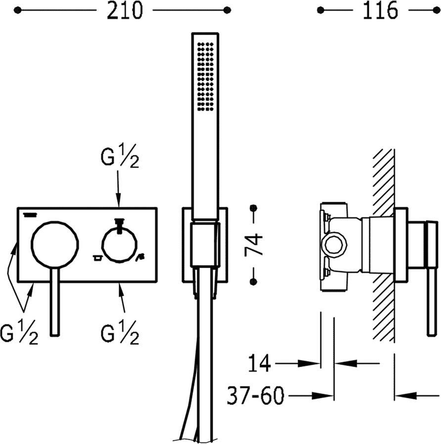 Tres Douchekraan met handdouche 3V | Inbouw | Mengkraan | Excl.Inbouwdeel | 3-weg | Rond | RVS look
