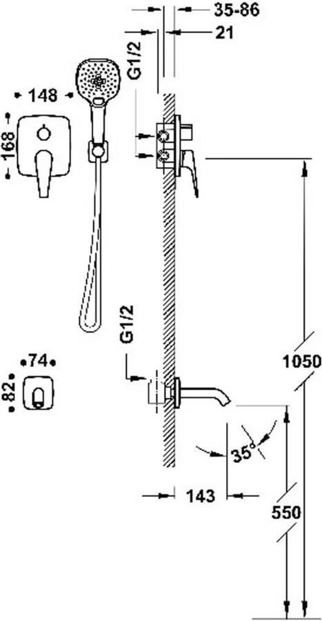 Tres Douchekraan met handdouche Canigó Plus | Inbouw | Mengkraan | Excl.Inbouwdeel | 2-weg | Vierkant | Chroom