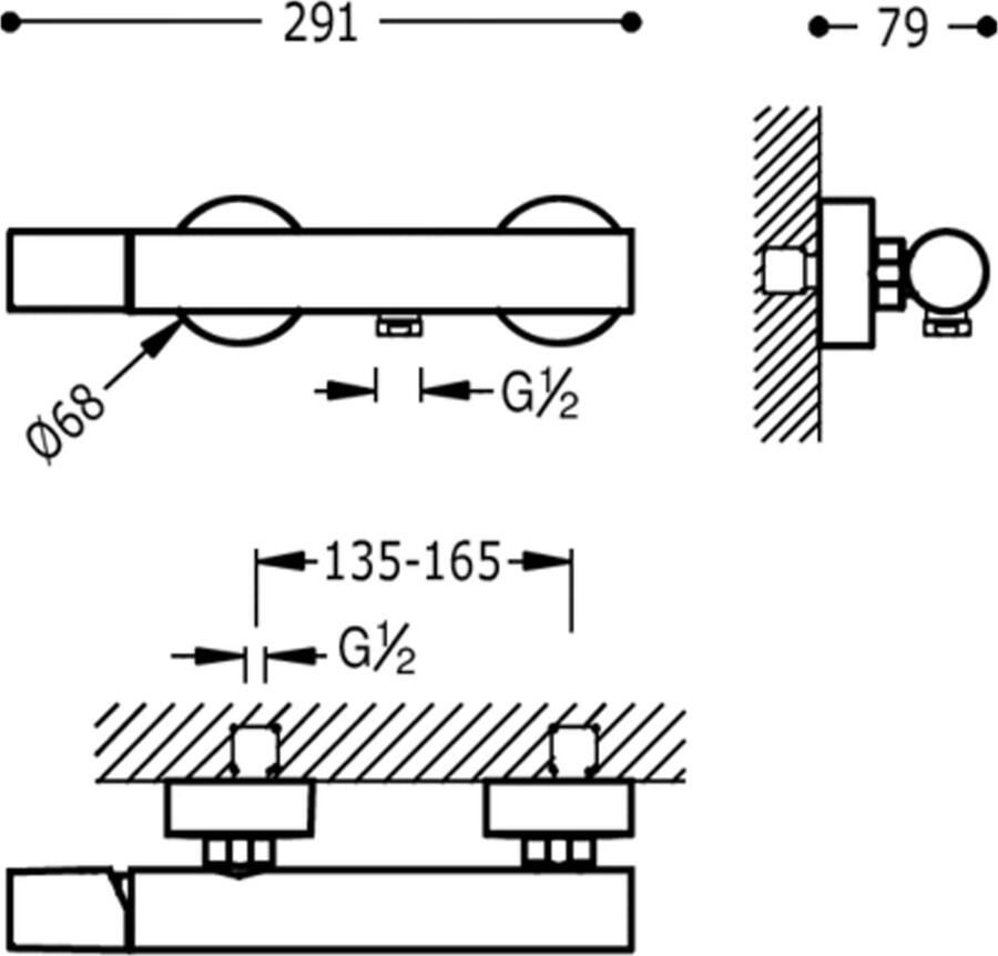 Tres Douchekraan Study | Opbouw | Mengkraan | 1-weg | hoh 15 cm | 1-knop | Rond | Chroom