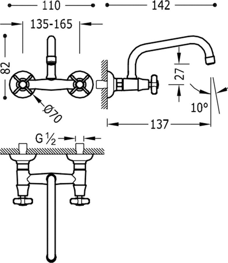 Tres Keukenkraan Clasic | Wandmontage | 360° Draaibaar | Mengkraan | 2-knops | Vintage | Messing oud