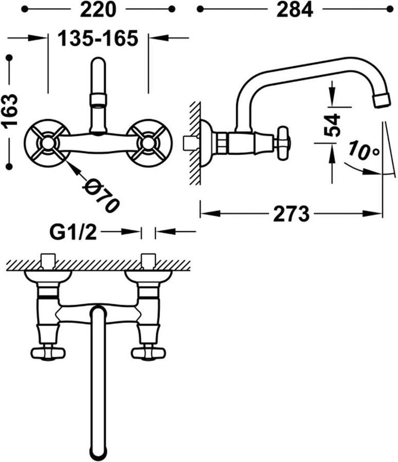 Tres Keukenkraan Clasic | Wandmontage | 360° Draaibaar | Mengkraan | 2-knops | Vintage | Chroom
