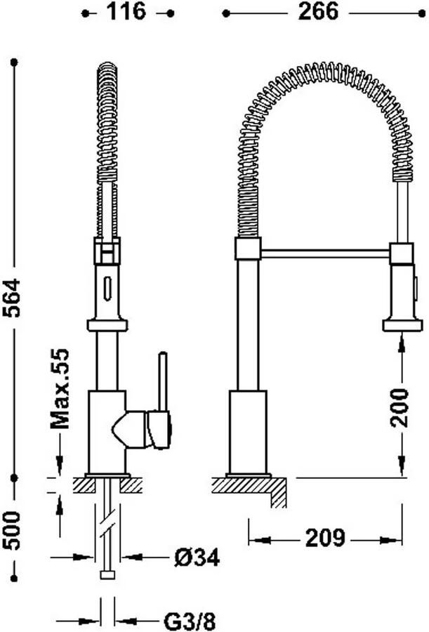 Tres Keukenkraan Cocina Chroom | Opbouw | Mengkraan | Uitrekbare sproeier | 1-hendel | Rond | Chroom