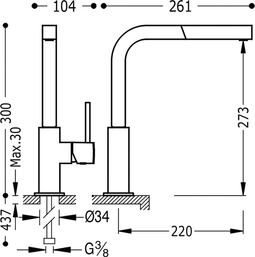 Tres Keukenkraan Cuadro | Opbouw | 360° Draaibaar | Uitrekbare sproeier | Mengkraan | 1-hendel | Vierkant | 24k Goud mat