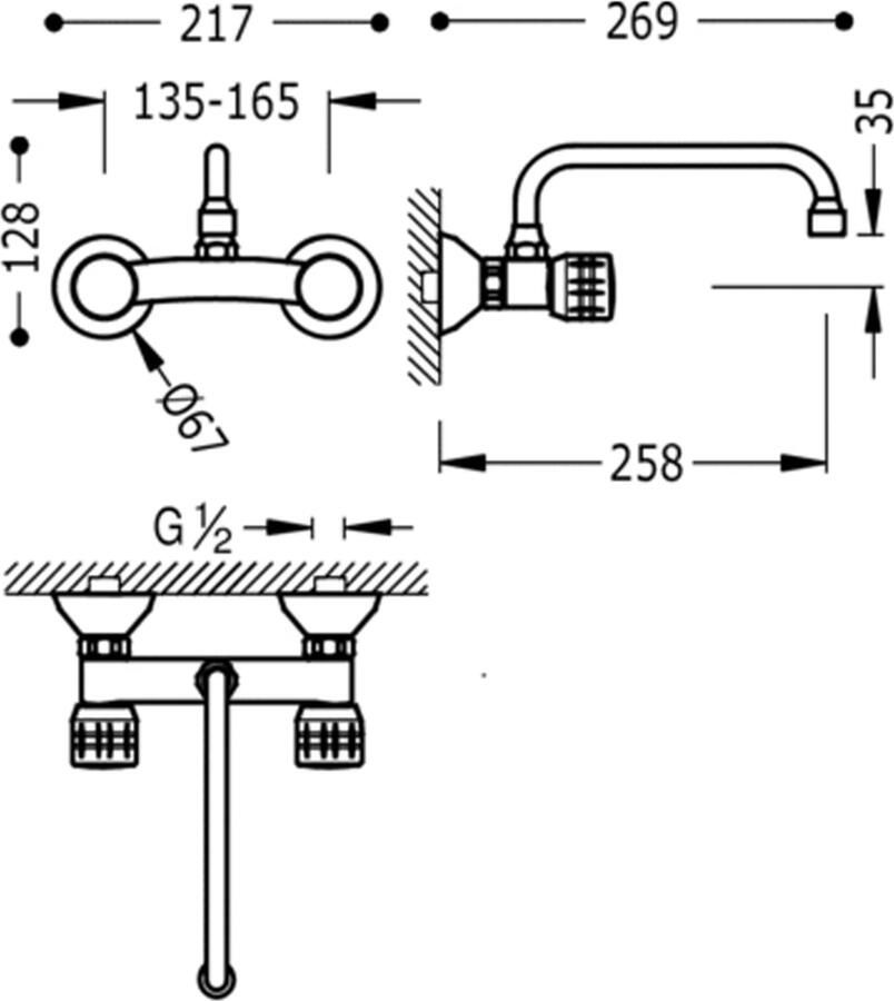 Tres Keukenkraan ESE-23 | Wandmontage | 360° Draaibaar | Mengkraan | 2-knops | Rond | Chroom
