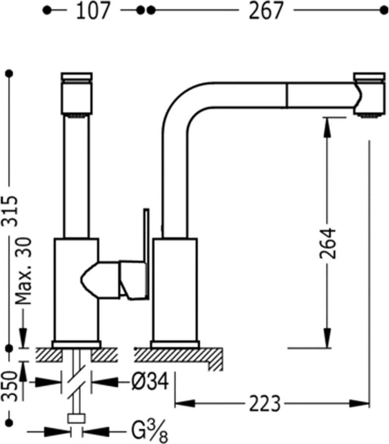 Tres Keukenkraan Lex | Opbouw | 360° Draaibaar | Uitrekbare sproeier | Mengkraan | 1-hendel | Rond | Chroom