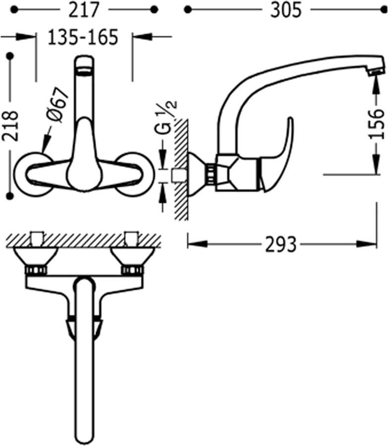 Tres Keukenkraan Mono 2000 | Wandmontage | 360° Draaibaar | Mengkraan | 1-hendel | Rond | Chroom - Foto 2