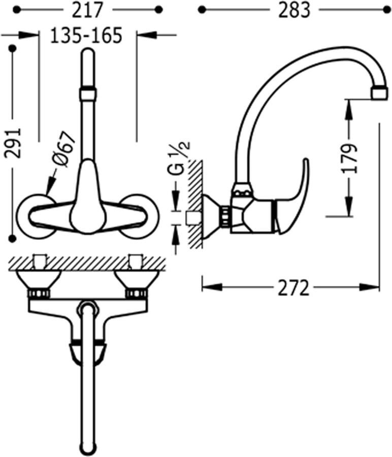 Tres Keukenkraan Mono 2000 | Wandmontage | 360° Draaibaar | Mengkraan | 1-hendel | Rond | Chroom