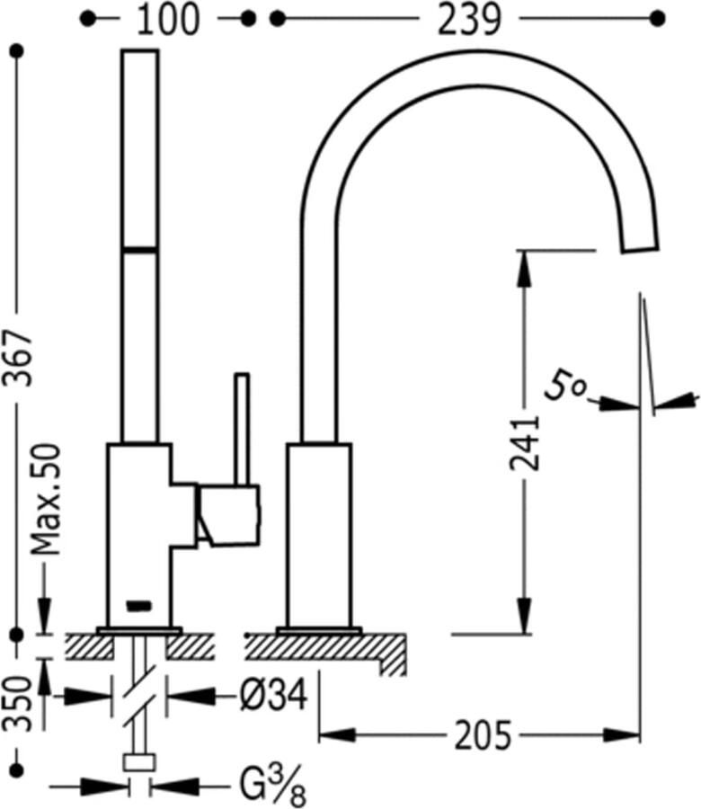 Tres Keukenkraan Top | Opbouw | 360° Draaibaar | Mengkraan | 1-hendel | Vierkant | Chroom