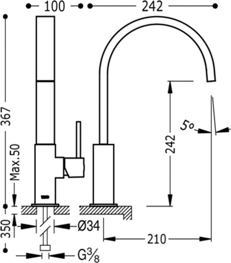 Tres Keukenkraan Top | Opbouw | 360° Draaibaar | Mengkraan | 1-hendel | Vierkant | Chroom