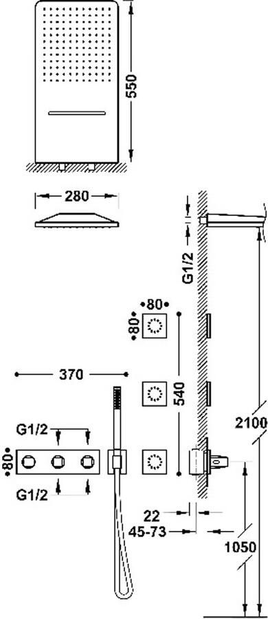 Tres Regendouche set B-System | Inbouw | Thermostaatkraan | 4-weg | Rechthoekig | RVS look