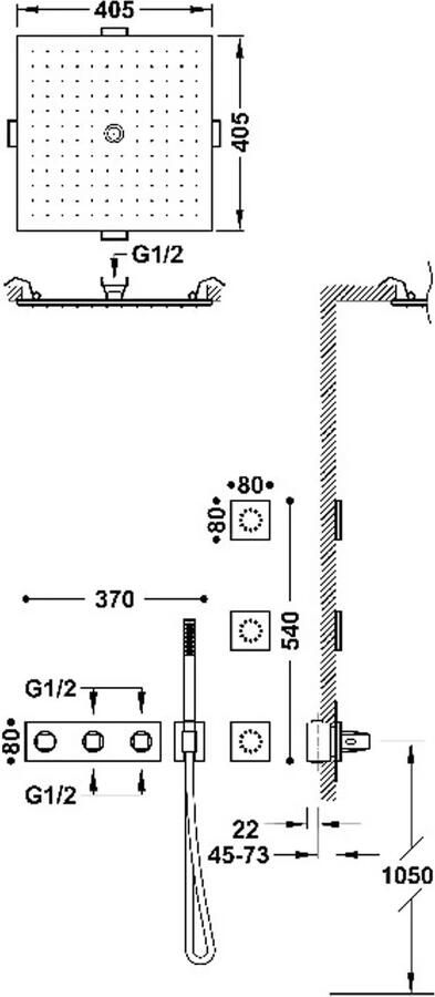 Tres Regendouche set B-System | Inbouw | Thermostaatkraan | 4-weg | Rechthoekig | RVS look