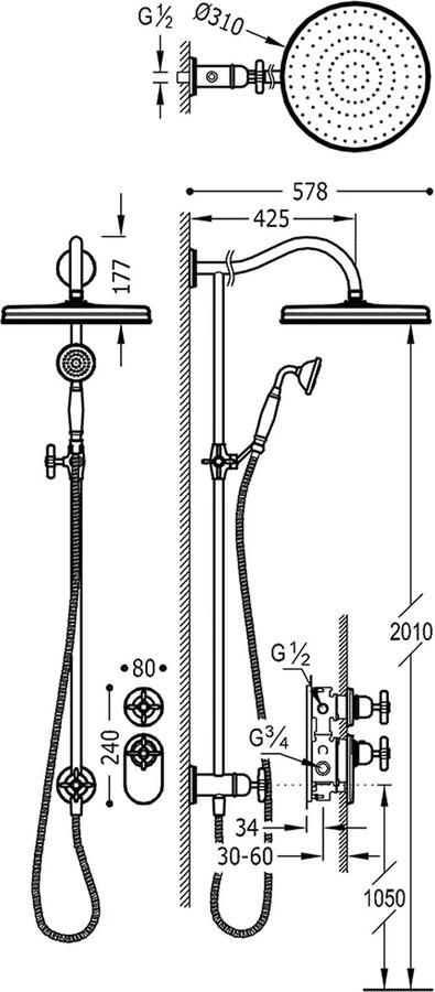 Tres Regendouche set Clasic | Inbouw | Thermostaatkraan | 2-weg | Vintage | Messing mat - Foto 2