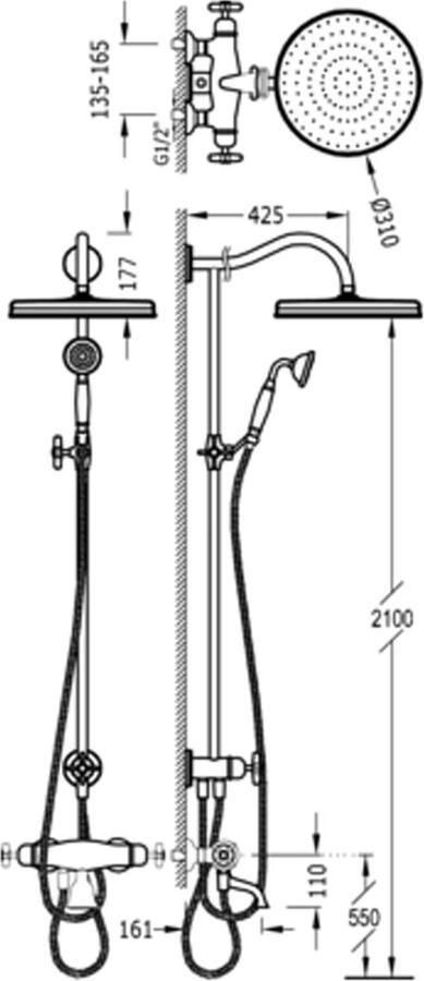 Tres Regendouche set Clasic | Opbouw | 31 cm | Thermostaatkraan | Met baduitloop | Messing mat