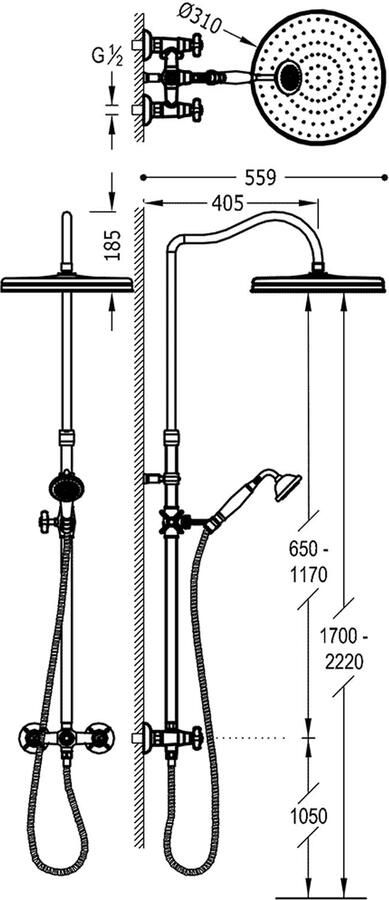 Tres Doucheset Classic Telescopische Glijstang Met Antikalk Handdouche Verouderd Messing Mat