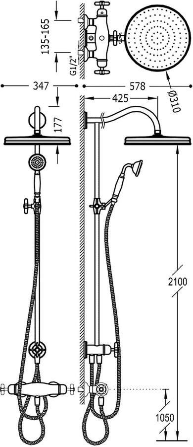 Tres Regendouche set Clasic | Opbouw | Thermostaatkraan | 2-weg | Vintage | Messing mat