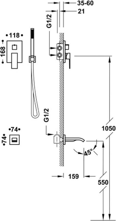Tres Regendouche set Cuadro | Inbouw | Mengkraan | 2-weg | rechthoek | 24k Goud mat