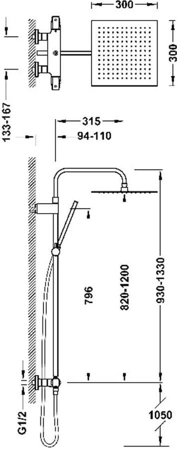 Tres Regendouche set Fuji | Opbouw | Thermostaatkraan | 2-weg | Vierkant | RVS look