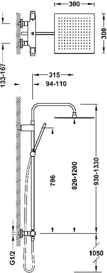 Tres Regendouche set Fuji | Opbouw | Thermostaatkraan | 2-weg | Vierkant | Chroom
