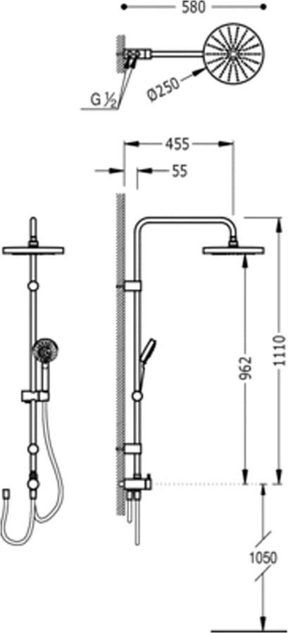 Tres Selection glijstang set met regendouche 111 cm rond chroom