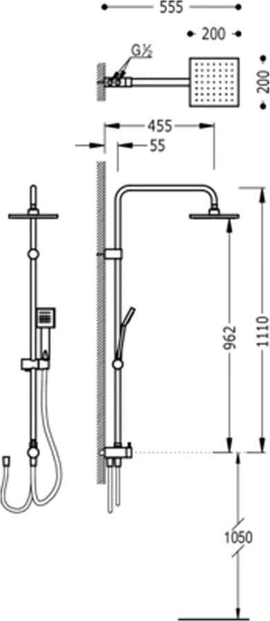Tres Selection glijstang set met regendouche 111 cm vierkant chroom