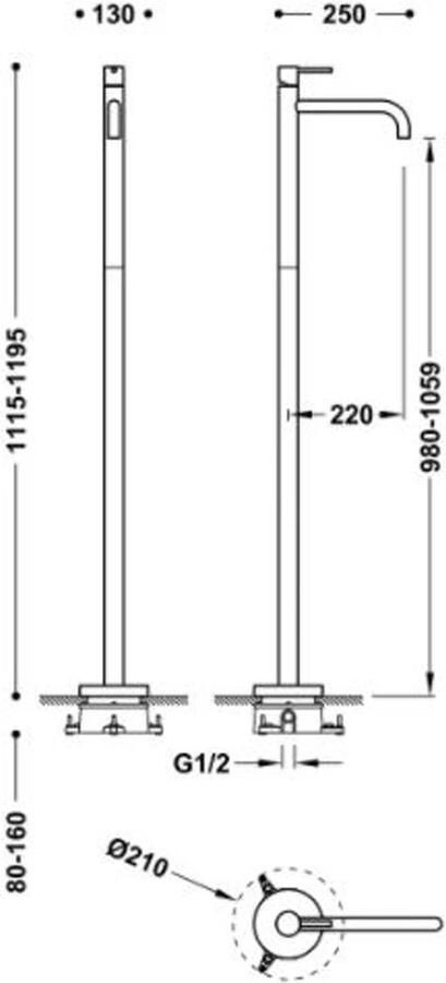 Tres Study wastafelkraan uitloop 98 cm met greep vrijstaand rond zwart brons