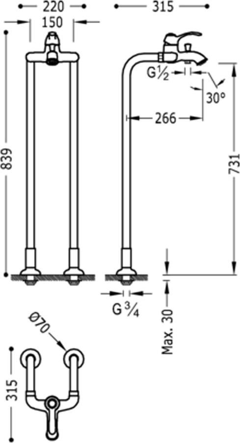 Tres Vrijstaande badkraan Clasic | Hoogte uitloop 73 cm | Draaibare uitloop | Mengkraan | Vintage | Messing mat - Foto 2