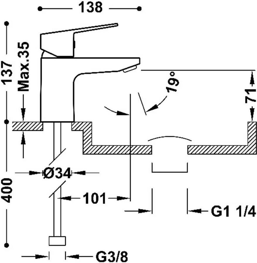 Tres Wastafelkraan Base | Opbouw | Mengkraan | Incl.Click afvoer | Laag model | 1-hendel | Chroom