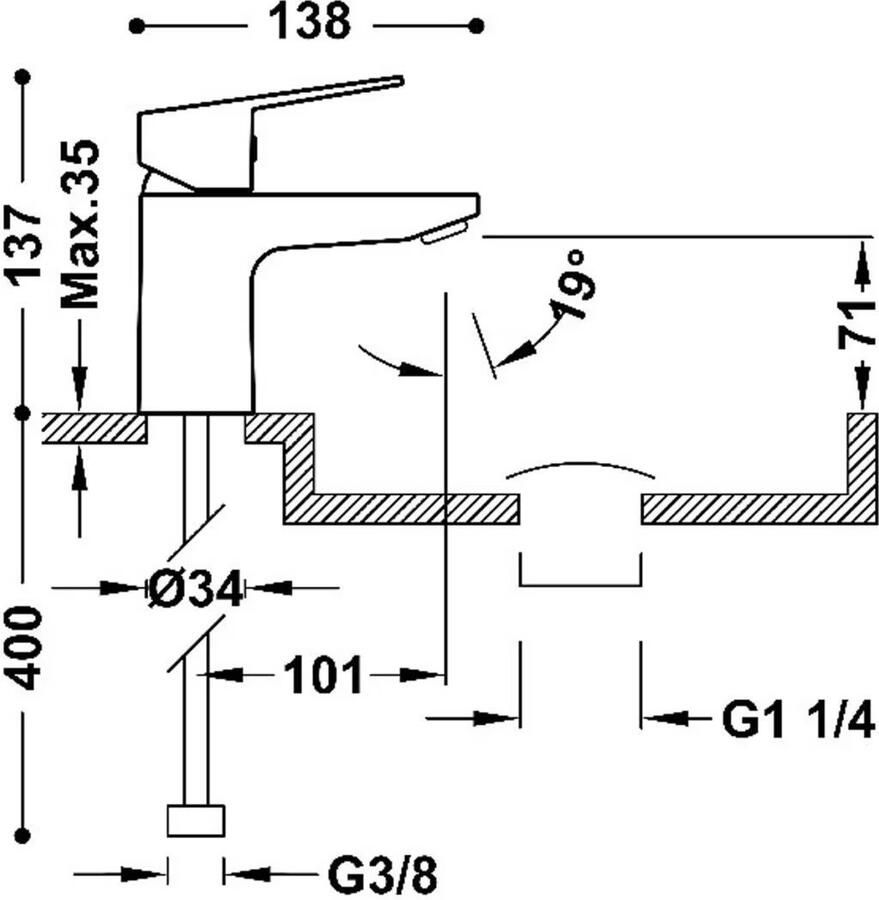 Tres Wastafelkraan Base | Opbouw | Mengkraan | Incl.Click afvoer | Laag model | 1-hendel | Chroom