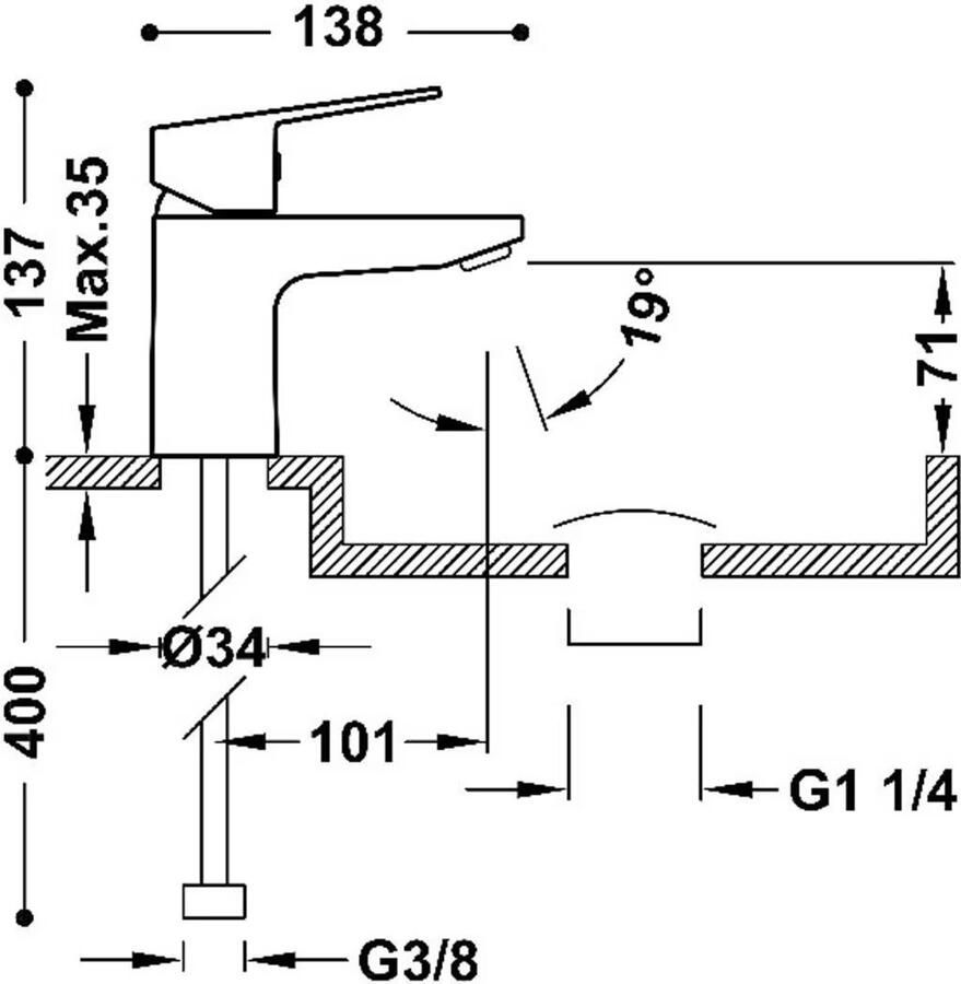 Tres Wastafelkraan Base | Opbouw | Mengkraan | Incl.Click afvoer | Laag model | 1-hendel | Chroom