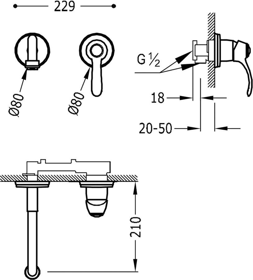 Tres Wastafelkraan Clasic | Inbouw | Mengkraan | Incl.Inbouwdeel | Vintage | Messing mat
