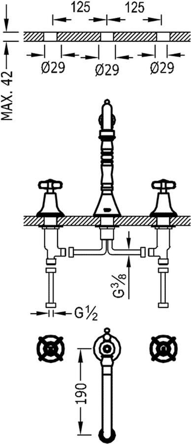 Tres Wastafelkraan Classic | Opbouw | Mengkraan | Standaard model | 2-hendels | Rond | Oud messing mat