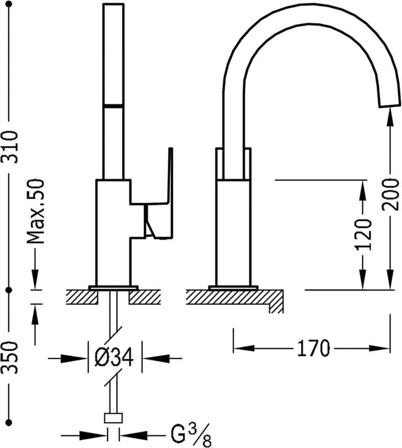 Tres Wastafelkraan Cuadro | Opbouw | Draaibare uitloop | Mengkraan | Hoog model | 1-hendel | Vierkant | 24k Goud glans