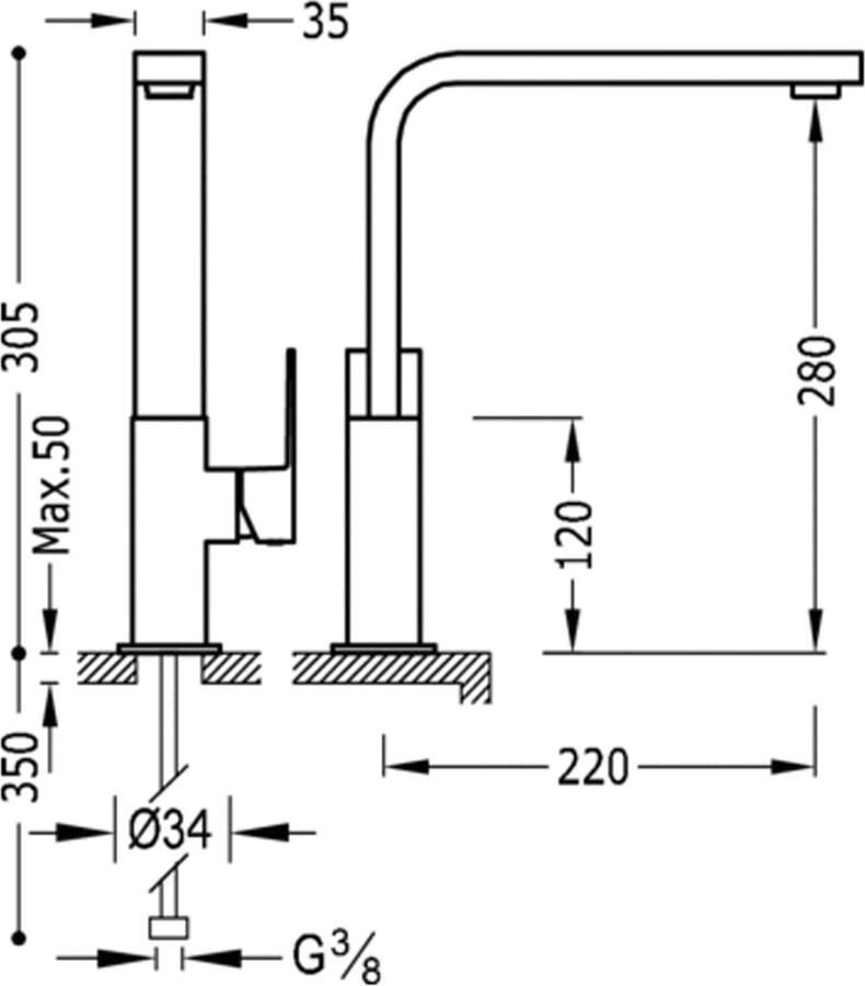 Tres Wastafelkraan Cuadro | Opbouw | Draaibare uitloop | Mengkraan | Hoog model | 1-hendel | Vierkant | Chroom