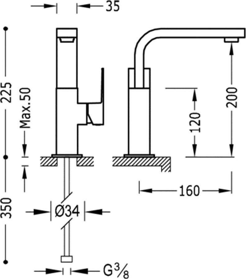Tres Wastafelkraan Cuadro | Opbouw | Draaibare uitloop | Mengkraan | Hoog model | 1-hendel | Vierkant | Chroom