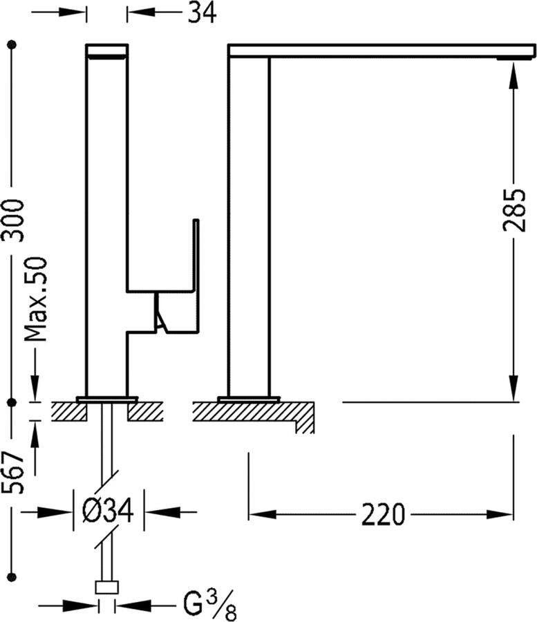 Tres Wastafelkraan Cuadro | Opbouw | Mengkraan | Hoog model | 1-hendel | Vierkant | 24k Goud glans