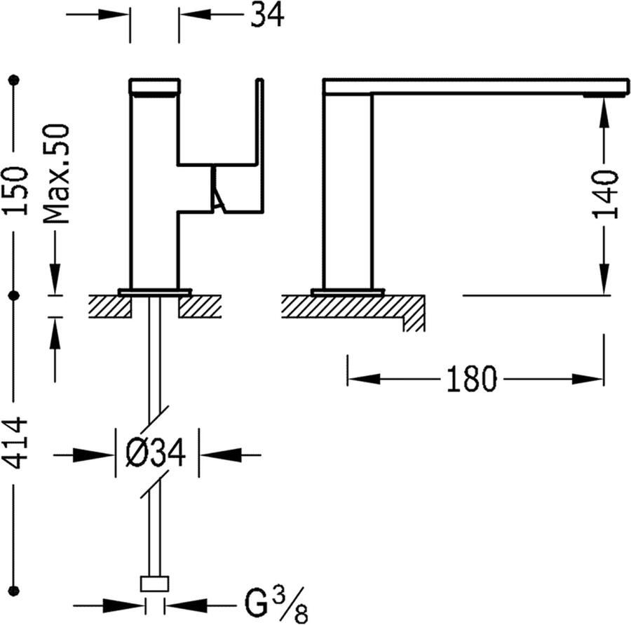 Tres Wastafelkraan Cuadro | Opbouw | Mengkraan | Standaard model | 1-hendel | Vierkant | 24k Goud mat