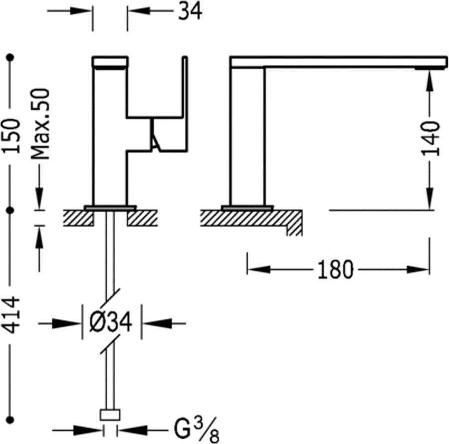 Tres Wastafelkraan Cuadro | Opbouw | Mengkraan | Standaard model | 1-hendel | Vierkant | Chroom