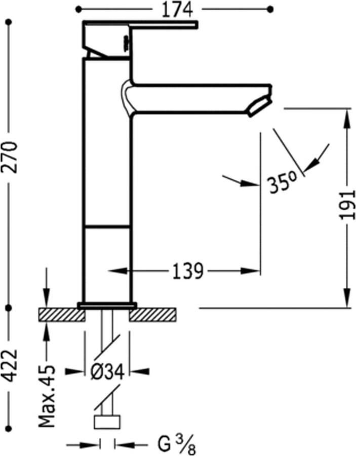Tres Wastafelkraan Lex | Opbouw | Mengkraan | Hoog model | 1-hendel | Rond | Chroom