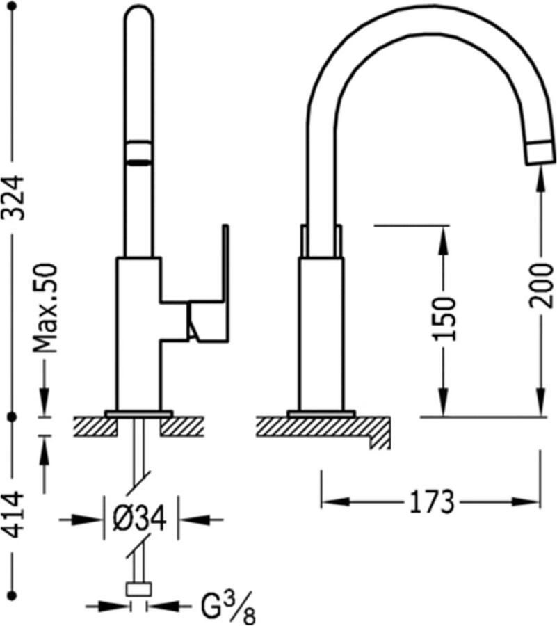 Tres Wastafelkraan Loft | Opbouw | Draaibare uitloop | Mengkraan | Hoog model | 1-hendel | Rond | Zwart mat